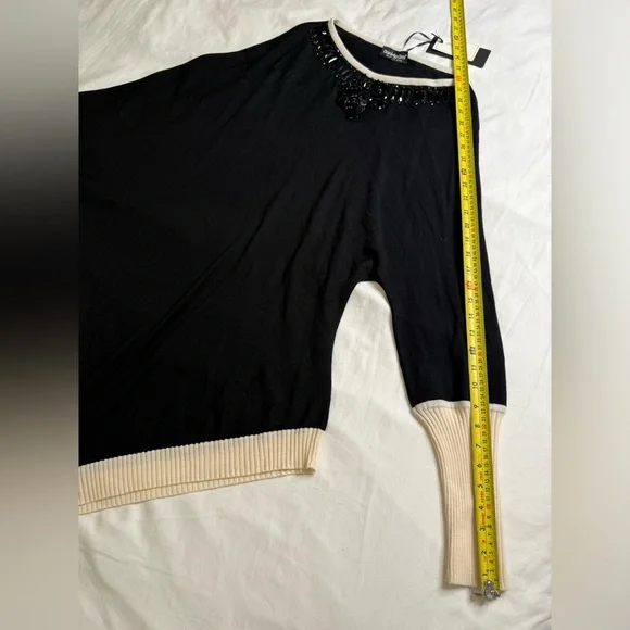 Daniela Drei Italian Merino Wool Asymmetric Sweater Black Cream Beaded Sz L NWT - Picture 9 of 11
